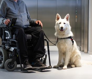 person in wheelchair with service dog